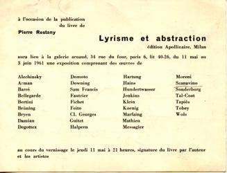 Invito alla mostra alla Galerie Arnaud a Parigi in occasione della pubblicazione del libro di Restany, Lyrisme et Abstraction, 1961 | Invite to the exhibition at the Galerie Arnaud in Paris on the occasion of the publication of Restany's book, Lyrisme et Abstraction, 1961